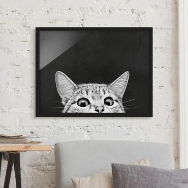 Plakat w ramie - Ilustracja kot czarno-biały rysunek