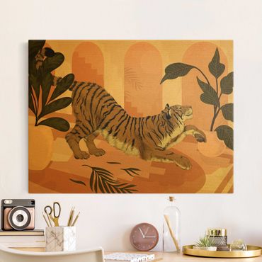 Złoty obraz na płótnie - Ilustracja tygrysa w pastelowym różowym malarstwie