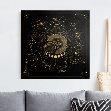 Złoty obraz na płótnie - Astrologia Słońce Księżyc i Gwiazdy Czarny