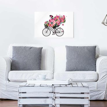 Obraz na szkle - Ilustracja Kobieta na rowerze Kolaż kolorowych kwiatów