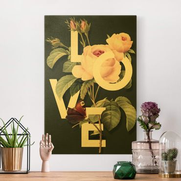 Złoty obraz na płótnie - Kwiatowa typografia - miłość