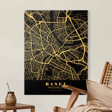 Złoty obraz na płótnie - Mapa miasta Bazylea - Klasyczna czerń