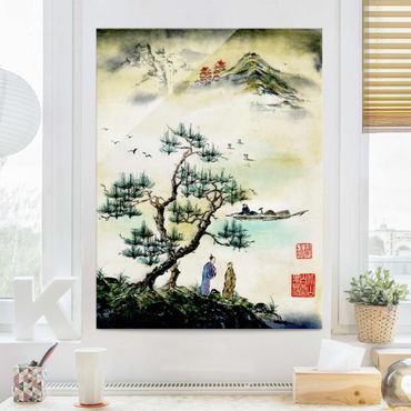 Obraz na szkle - Japońska akwarela Drzewo sosnowe i górska wioska