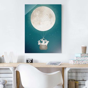 Obraz na szkle - Ilustracja królik Księżyc Balon na ogrzane powietrze Gwieździste niebo