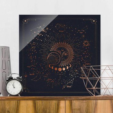 Obraz na szkle - Astrologia Słońce Księżyc i Gwiazdy Niebieskie złoto
