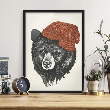 Plakat w ramie - Ilustracja Niedźwiedź z czerwoną czapką Rysunek