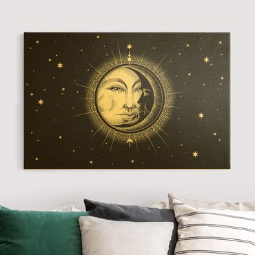 Złoty obraz na płótnie - Ilustracja słońca i księżyca w stylu vintage