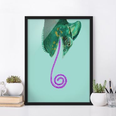 Plakat w ramie - Kameleon z cukrowym językiem