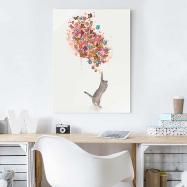 Obraz na szkle - Ilustracja kot z kolorowymi motylami malarstwo