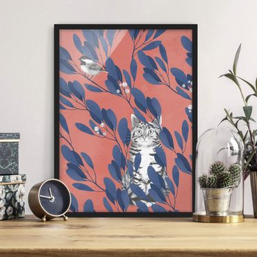 Plakat w ramie - Ilustracja przedstawiająca kota i ptaka na gałęzi Niebieskoczerwony