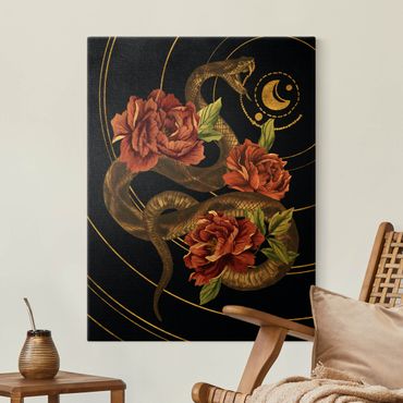 Złoty obraz na płótnie - Wąż z różami czarno-złoty II