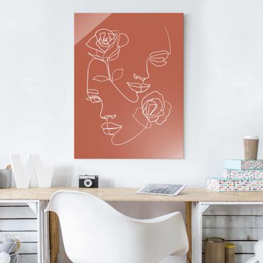 Obraz na szkle - Line Art Twarze kobiet Róże Miedź