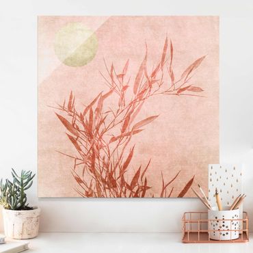 Obraz na szkle - Złote słońce z różowym bambusem