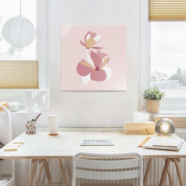 Obraz na szkle - Line Art Kwiaty pastelowy róż