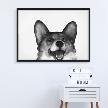 Plakat w ramie - Ilustracja pies Corgi Biało czarne malarstwo
