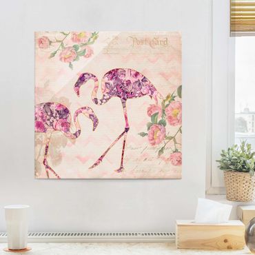 Obraz na szkle - Kolaż w stylu vintage - różowe kwiaty, flamingi