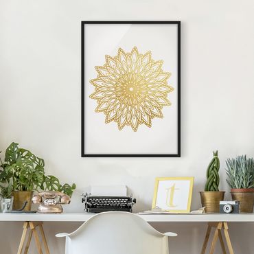 Plakat w ramie - Mandala Sun Illustration białe złoto