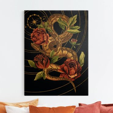 Złoty obraz na płótnie - Wąż z różami Czarno-złoty IV