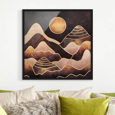 Plakat w ramie - Złote słońce abstrakcyjne góry