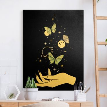 Złoty obraz na płótnie - Magiczna dłoń - Motyle i planety