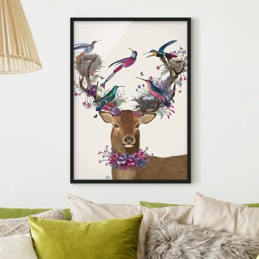 Plakat w ramie - Poroże jelenia z gołębiami