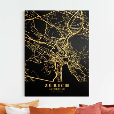 Złoty obraz na płótnie - Mapa miasta Zurych - Klasyczna czerń