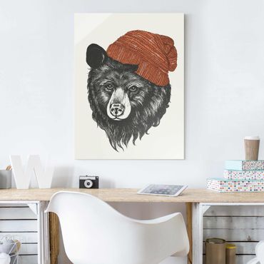 Obraz na szkle - Ilustracja Niedźwiedź z czerwoną czapką Rysunek