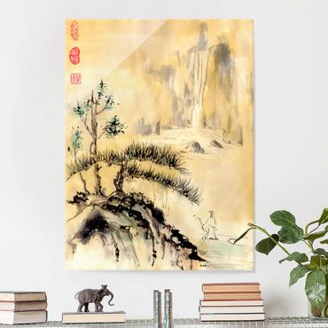 Obraz na szkle - Japońska akwarela Rysowanie cedrów i gór