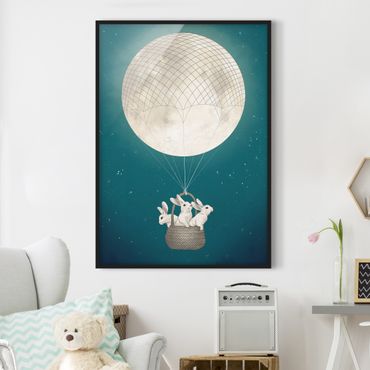 Plakat w ramie - Ilustracja królik Księżyc Balon na ogrzane powietrze Gwieździste niebo