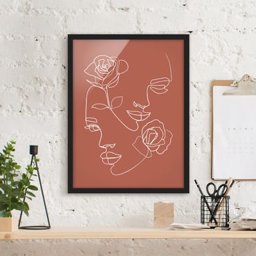 Plakat w ramie - Line Art Twarze kobiet Róże Miedź