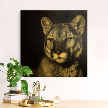 Złoty obraz na płótnie - Puma przed czernią