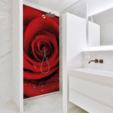 Tylna ścianka prysznicowa - Red Rose With Water Drops