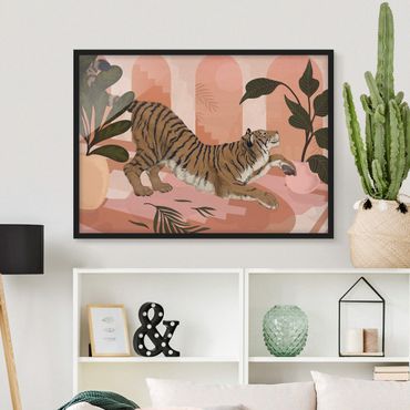 Plakat w ramie - Ilustracja tygrysa w pastelowym różowym malarstwie