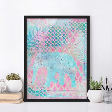 Plakat w ramie - Kolorowy kolaż - słoń w kolorze niebieskim i różowym