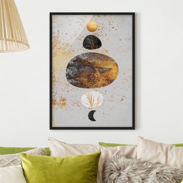 Plakat w ramie - Słońce i księżyc w złotym połysku