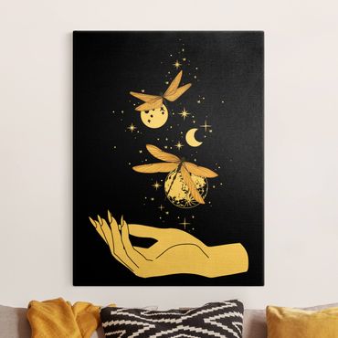 Złoty obraz na płótnie - Magiczna dłoń - Ważki i planety
