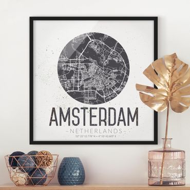 Plakat w ramie - Mapa miasta Amsterdam - Retro