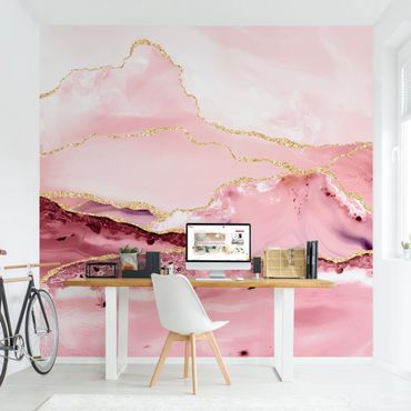Fototapeta - Abstrakcyjne góry różowe ze złotymi liniami