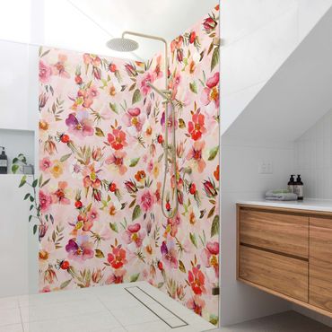 Tylna ścianka prysznicowa - Watercolour Flowers On Light Pink