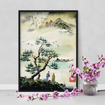 Plakat w ramie - Japońska akwarela Drzewo sosnowe i górska wioska