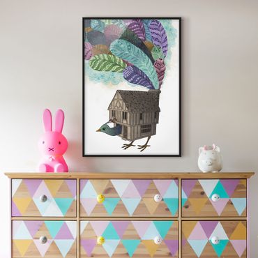 Plakat w ramie - Ilustracja domku dla ptaków z piórami
