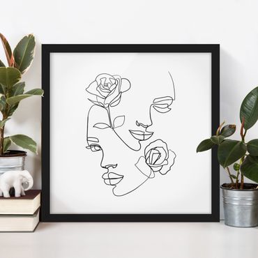 Plakat w ramie - Line Art Twarze kobiet Róże czarno-biały