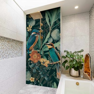 Tylna ścianka prysznicowa - Floral Paradise Kingfisher And Hummingbird