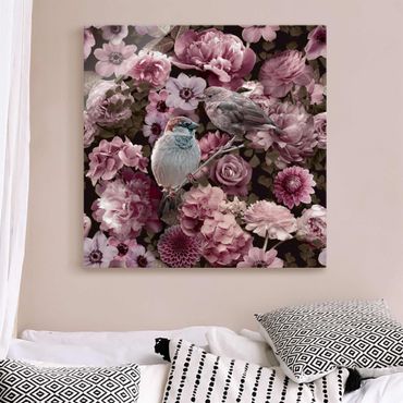 Obraz na szkle - Kwiatowy raj wróbli w kolorze starego różu