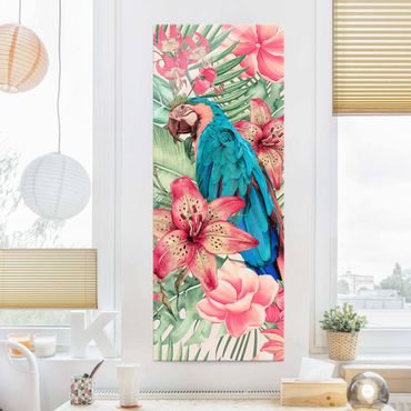 Obraz na szkle - Kwiatowy Raj Papuga tropikalna