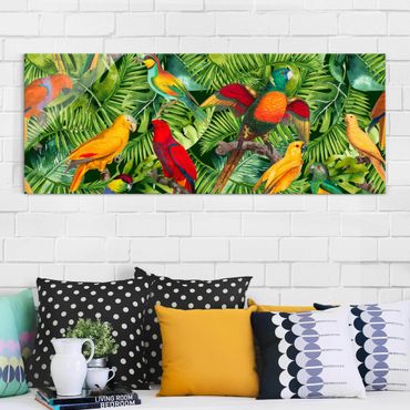 Obraz na szkle - Kolorowy kolaż - Papugi w dżungli