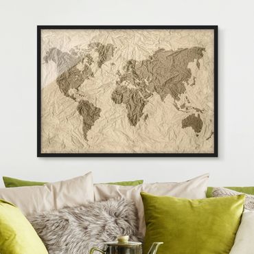 Plakat w ramie - Papierowa mapa świata beżowo-brązowa