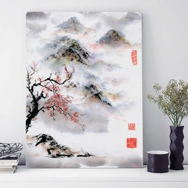 Obraz na szkle - Japońska akwarela Drzewo wiśniowe i góry