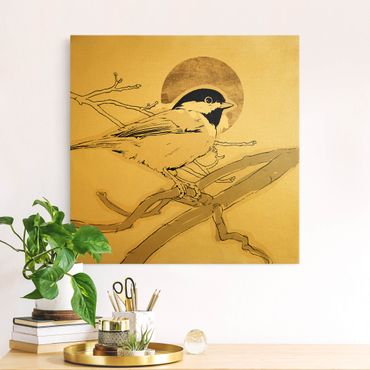 Złoty obraz na płótnie - Ptak na tle złotego słońca I