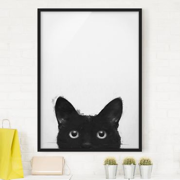 Plakat w ramie - Ilustracja czarnego kota na białym obrazie